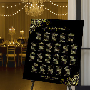 22 Table Gold Curls on Black Wedding Seating Chart Foam Board