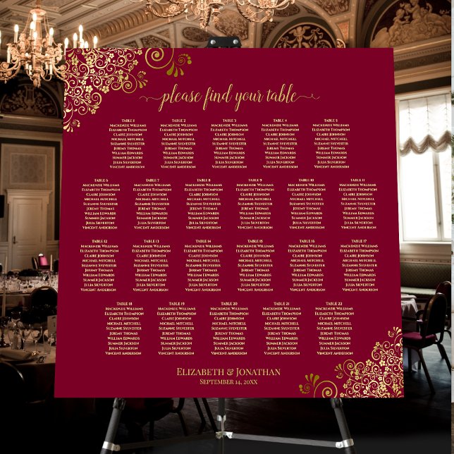 22 Table Gold Curls Seating Chart Maroon Burgundy Foam Board (In Situ on Stand at Reception)