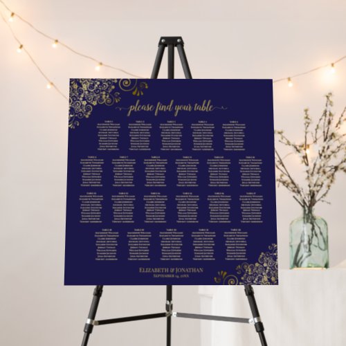 22 Table Gold Lace Navy Blue Wedding Seating Chart Foam Board