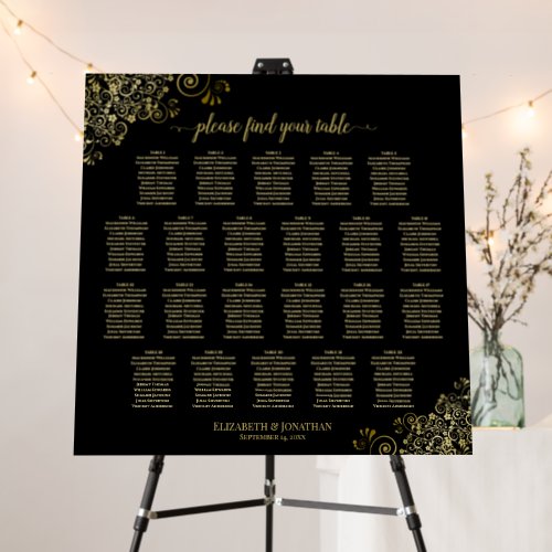 22 Table Gold Lace on Black Wedding Seating Chart Foam Board