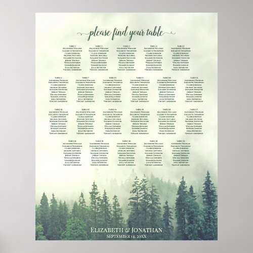 22 Table Green Pine Trees Wedding Seating Chart