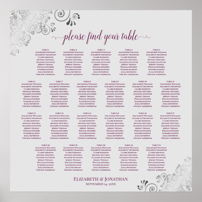 22 Table Lacy Cassis & Gray Wedding Seating Chart (Front)