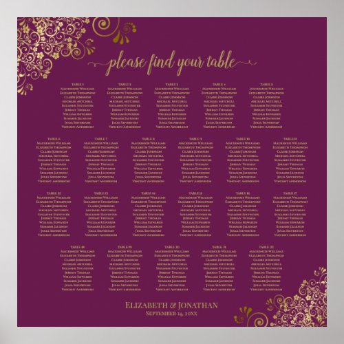 22 Table Lacy Gold on Cassis Wedding Seating Chart