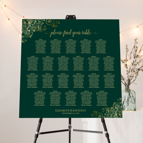 22 Table Lacy Gold Wedding Seating Chart Emerald Foam Board