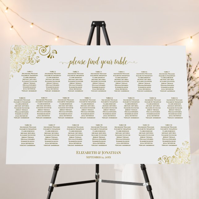 22 Table Lacy Gold & White Wedding Seating Chart Foam Board (In Situ (Stand))