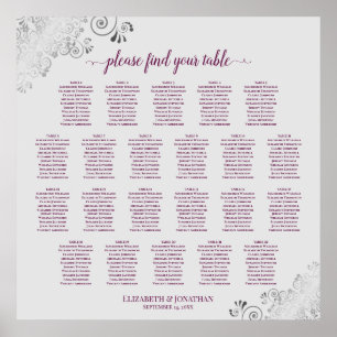 22 Table Lacy Magenta & Gray Wedding Seating Chart
