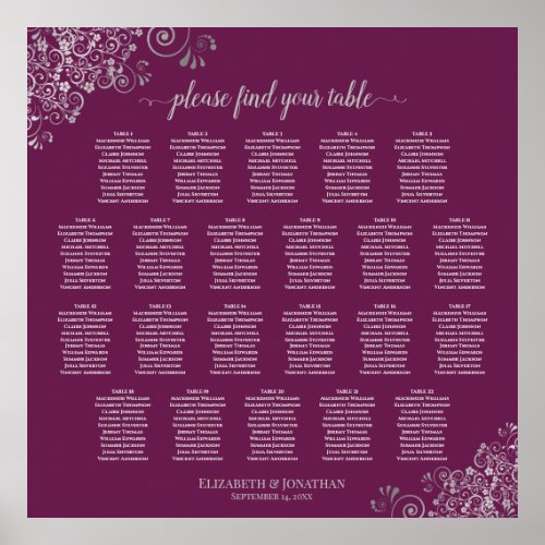 22 Table Lacy Silver Cassis Wedding Seating Chart