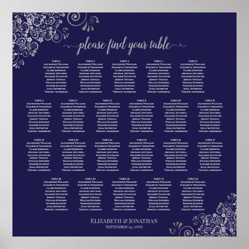22 Table Lacy Silver on Navy Wedding Seating Chart