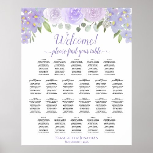 22 Table Lavender Floral Wedding Seating Chart
