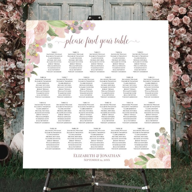 22 Table Pink Boho Roses Wedding Seating Chart Foam Board (In Situ on Stand with Flowers)