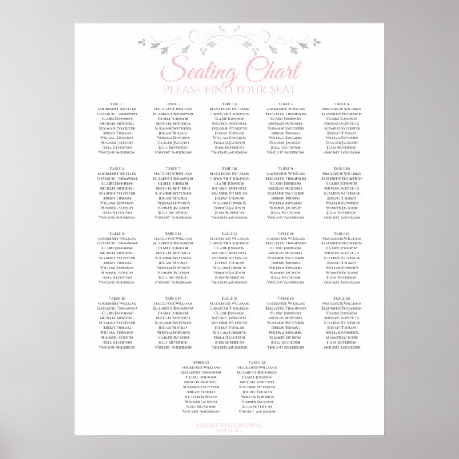 22 Table Pink & Gray Wedding Seating Chart (Front)