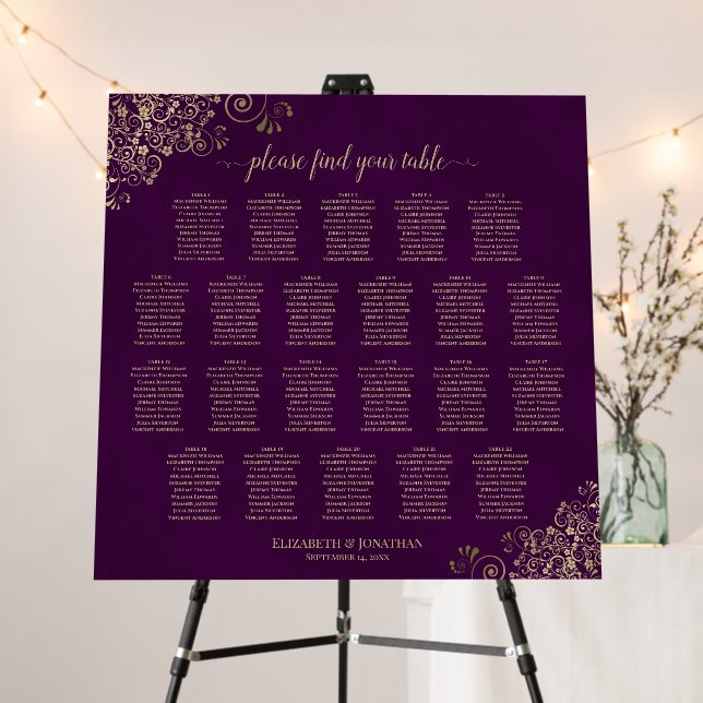 22 Table Plum Purple & Gold Wedding Seating Chart Foam Board (In Situ (Stand))