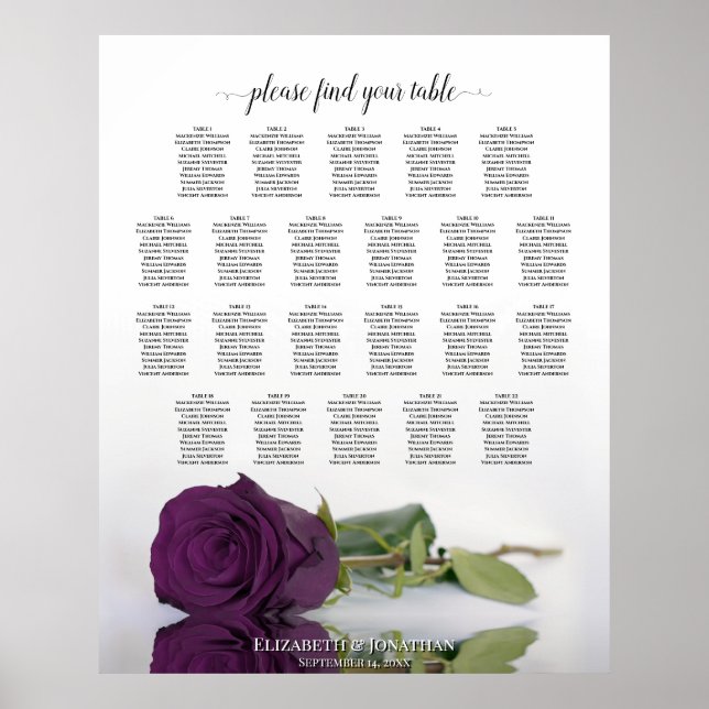 22 Table Plum Purple Rose Wedding Seating Chart (Front)