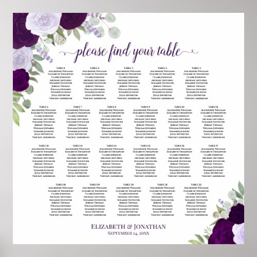 22 Table Purple Boho Floral Wedding Seating Chart