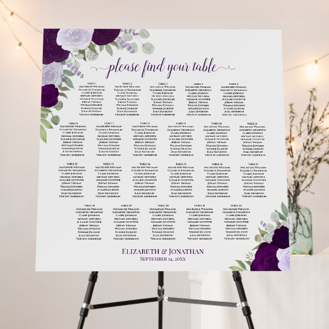 22 Table Purple Roses Rustic Wedding Seating Chart Foam Board (In Situ (Stand))