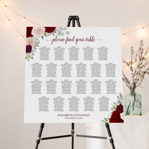 22 Table Red Boho Roses Wedding Seating Chart Foam Board
