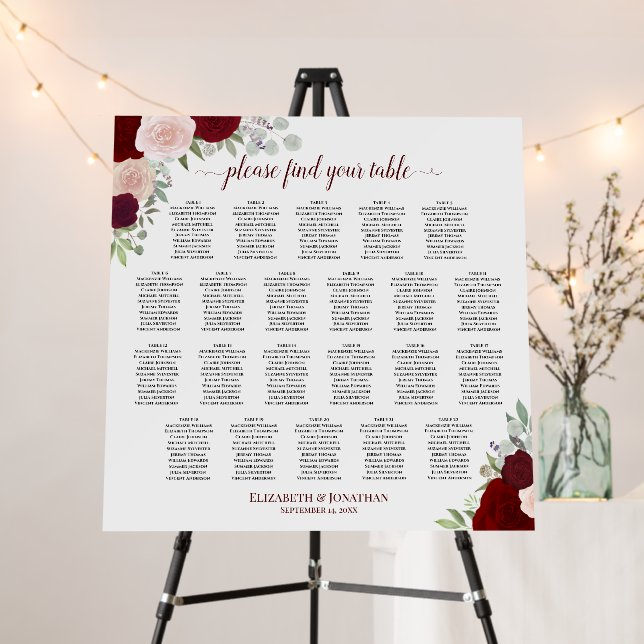 22 Table Red Boho Roses Wedding Seating Chart Foam Board (In Situ (Stand))