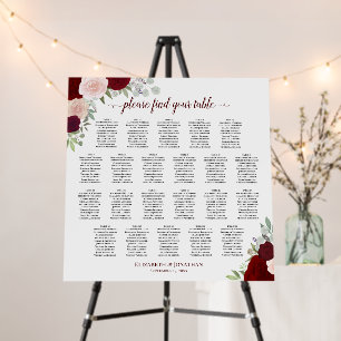 22 Table Red Boho Roses Wedding Seating Chart Foam Board