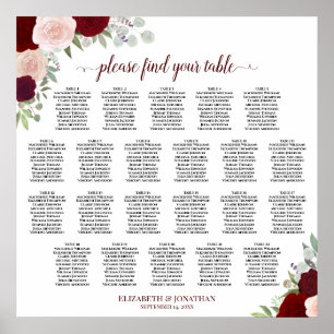 22 Table Red & Pink Floral Wedding Seating Chart