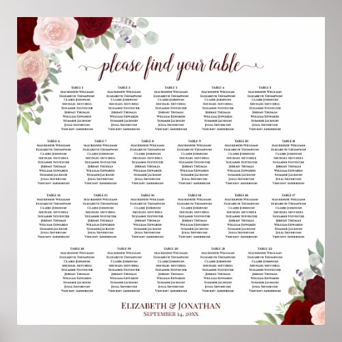 22 Table Red  Pink Floral Wedding Seating Chart