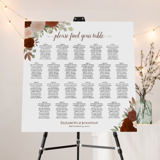 22 Table Rust Boho Roses Wedding Seating Chart Foam Board (In Situ (Stand))