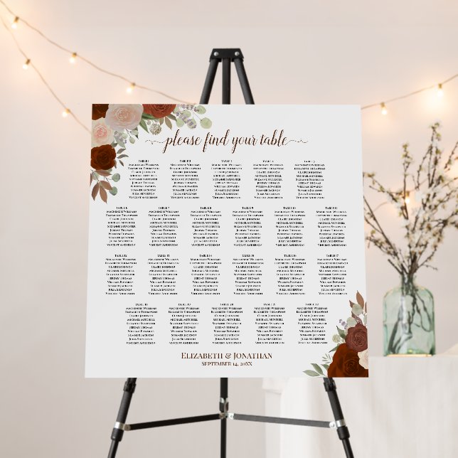22 Table Rust Boho Roses Wedding Seating Chart Foam Board (In Situ (Stand))