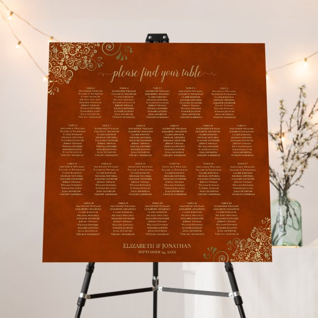 22 Table Rust Orange & Gold Wedding Seating Chart Foam Board (In Situ (Stand))