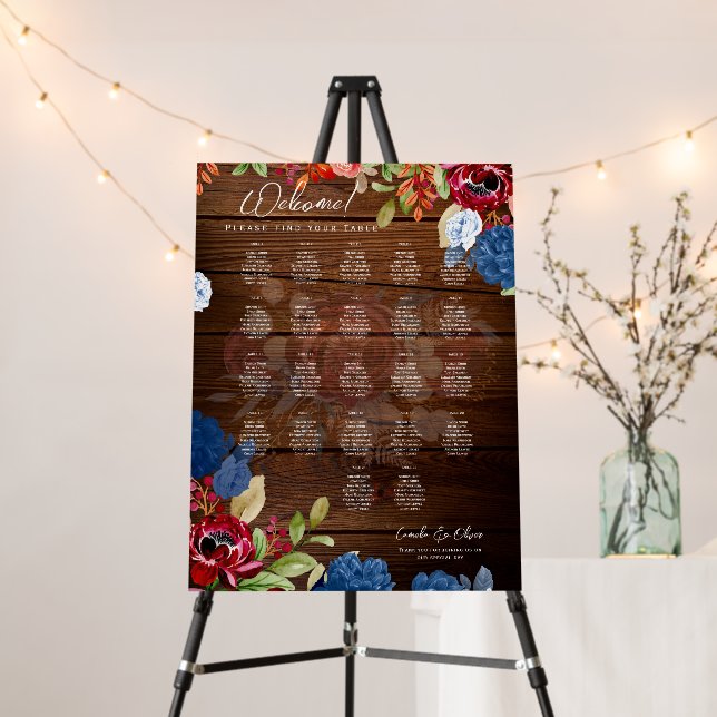 22 Table Rustic Burgundy Blue Floral Gold SEATING  Foam Board (In Situ (Stand))