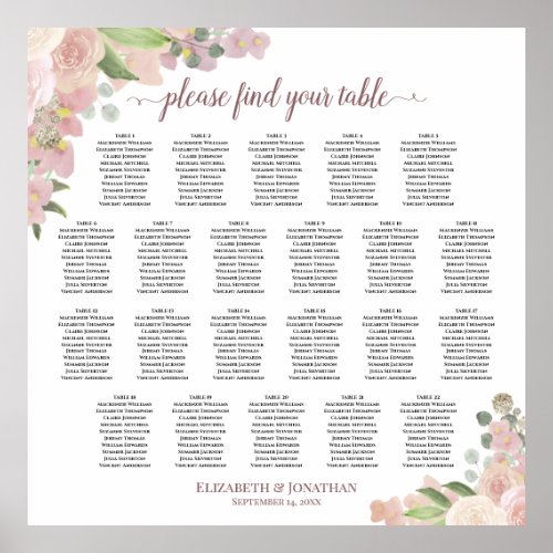 22 Table Rustic Pink Floral Wedding Seating Chart