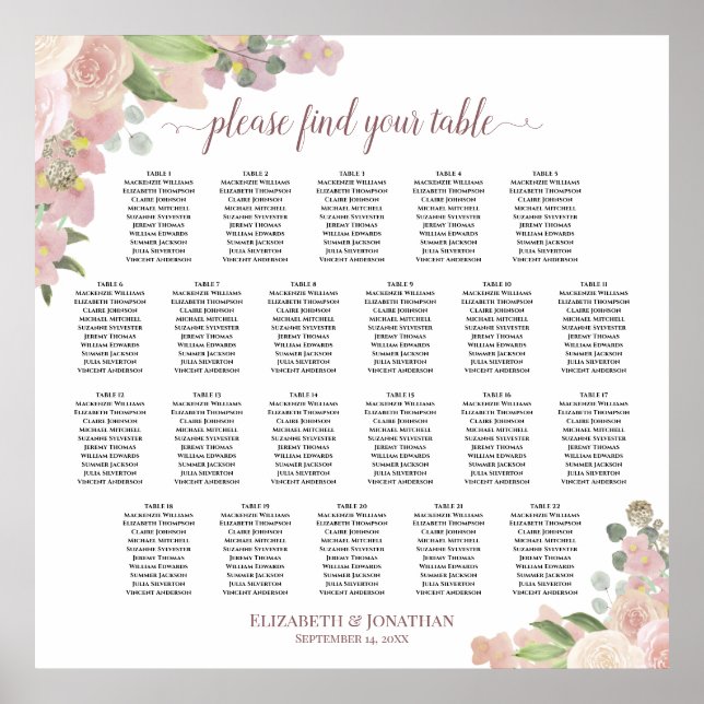 22 Table Rustic Pink Floral Wedding Seating Chart (Front)
