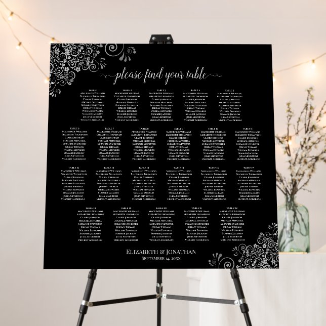 22 Table Silver Lace & Classic Black Seating Chart Foam Board (In Situ (Stand))