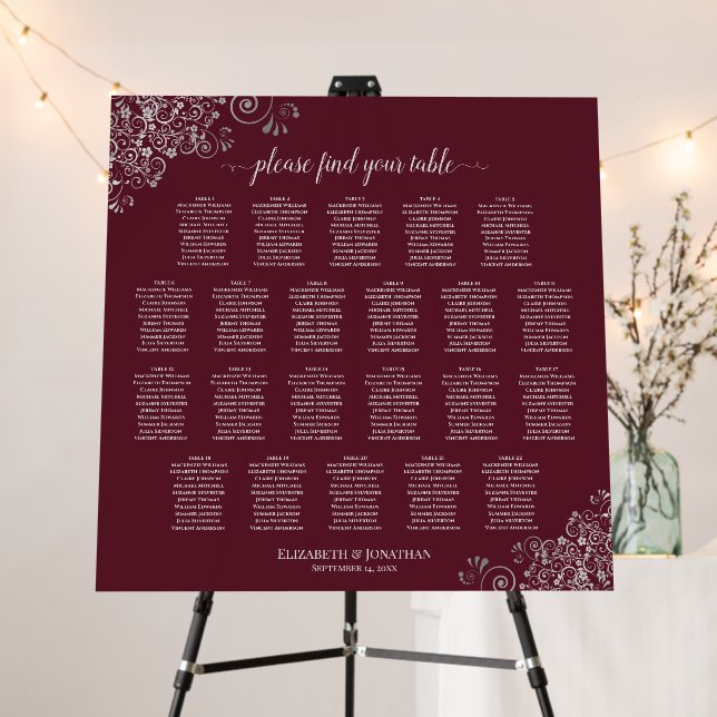 22 Table Silver Lace on Burgundy Seating Chart Foam Board (In Situ (Stand))