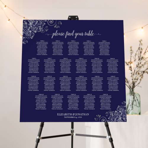 22 Table Silver Lace on Navy Blue Seating Chart Foam Board