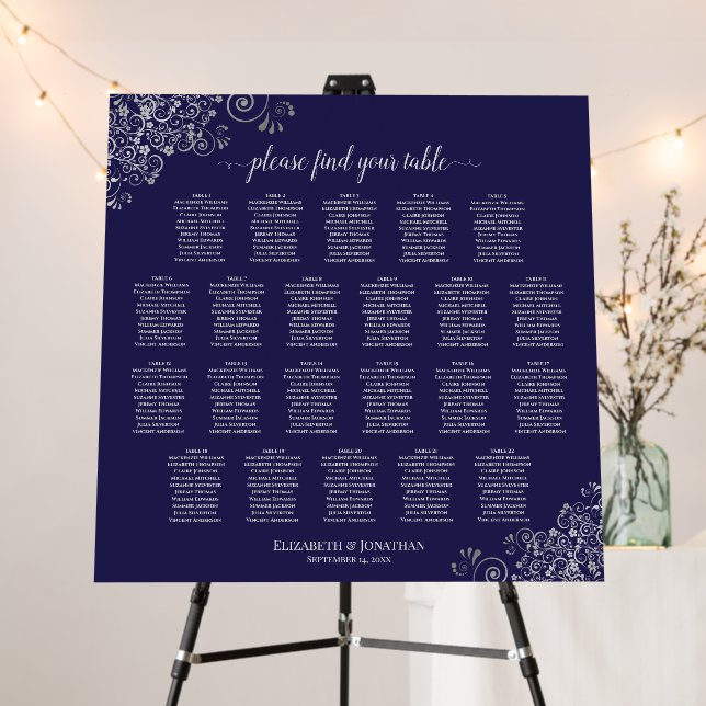 22 Table Silver Lace on Navy Blue Seating Chart Foam Board (In Situ (Stand))