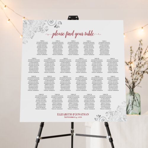 22 Table Silver Lace  Red on White Seating Chart Foam Board