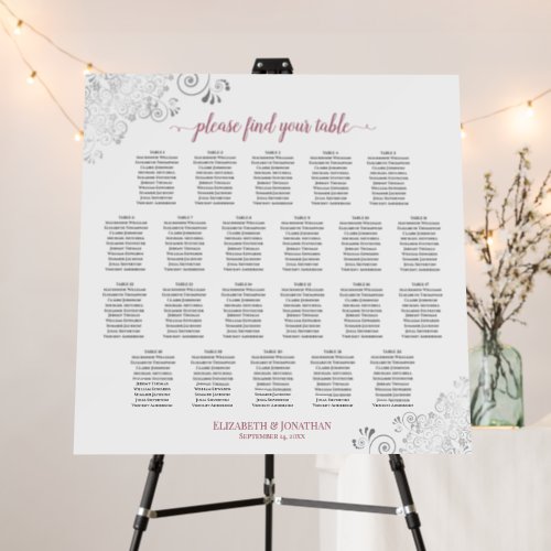 22 Table Silver Lace  Rose on White Seating Chart Foam Board