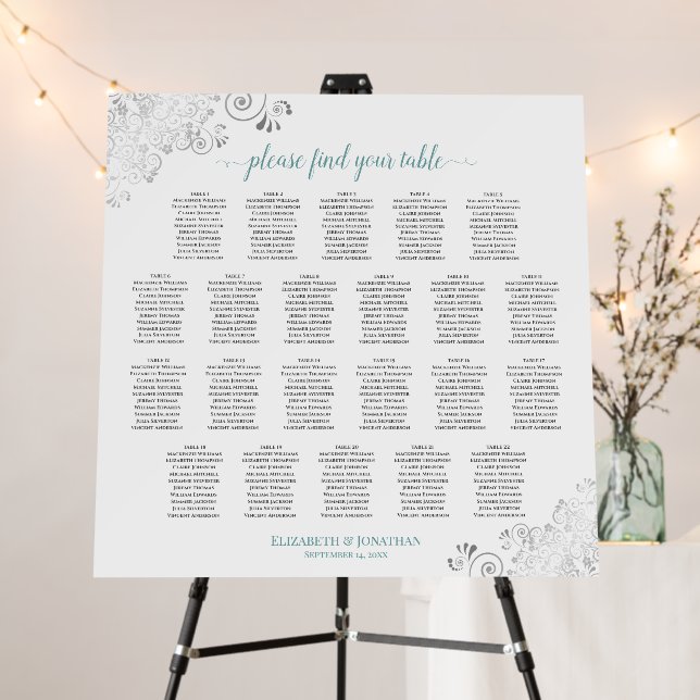 22 Table Silver Lace & Teal on White Seating Chart Foam Board (In Situ (Stand))