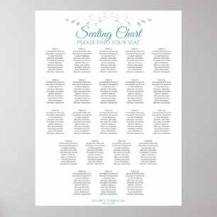22 Table Simple Teal & White Wedding Seating Chart