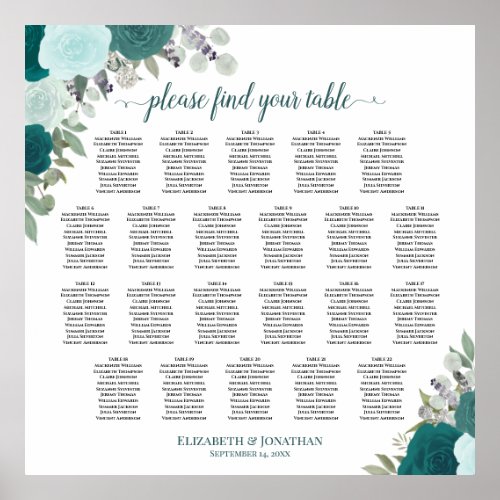 22 Table Teal Boho Floral Wedding Seating Chart