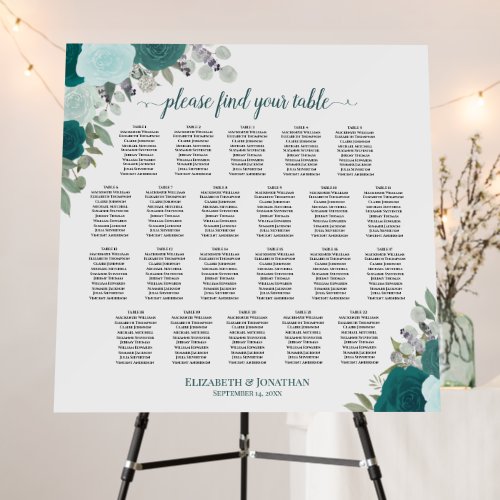 22 Table Teal Roses Elegant Wedding Seating Chart Foam Board