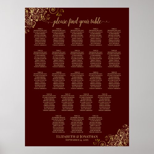 22 Table Wedding Seating Chart Auburn  Gold Lace