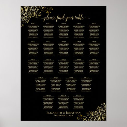 22 Table Wedding Seating Chart Black  Gold Frills