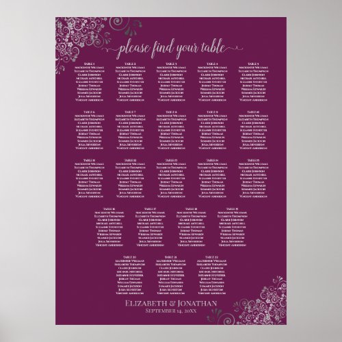 22 Table Wedding Seating Chart Cassis Purple Gray