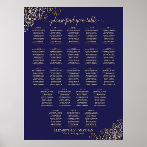 22 Table Wedding Seating Chart Navy Blue Gold Lace