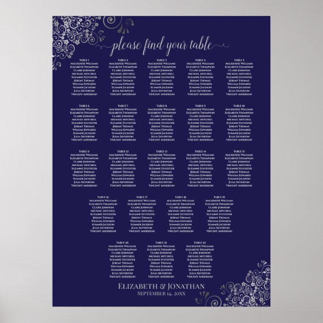 22 Table Wedding Seating Chart Navy Blue & Gray (Front)