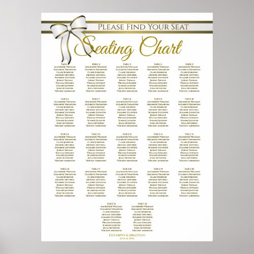 22 Table White  Gold Ribbon Wedding Seating Chart