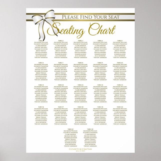 22 Table White & Gold Ribbon Wedding Seating Chart (Front)