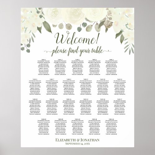 22 Table White  Ivory Roses Wedding Seating Chart