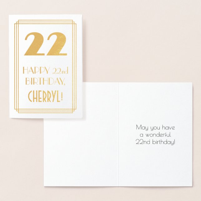 22nd Birthday: Art Deco Inspired Look "22" & Name Foil Card (Display)