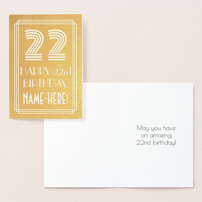 22nd Birthday – Art Deco Inspired Look "22" + Name Foil Card (Display)